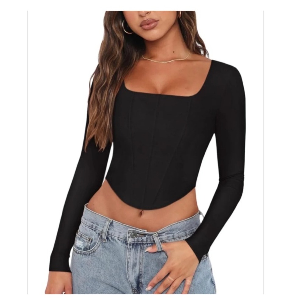 Reoria Black Long Sleeve Corset Top Square Neck Back Zip Y2K Crop Top XL